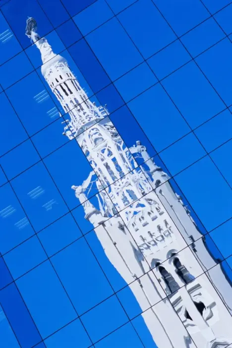 Framed Print : Reflection of Iglesia Notra Sra de la Concepcion in modern building Framed Print : Reflection of Iglesia Notra Sra de la Concepcion in modern building