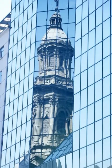 Framed Print : Reflection of the Metropolitan Cathedral in a modern building downtown Framed Print : Reflection of the Metropolitan Cathedral in a modern building downtown