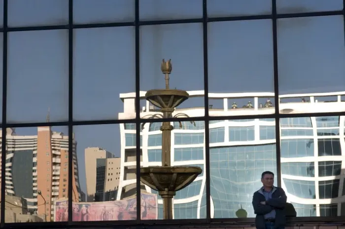 Framed Print : Reflection of modern Astana in a window, Astana, Kazakhstan, Central Asia, Asia