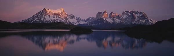Reflection of mountains in a lake, Lake Pehoe, Cuernos Del Paine, Patagonia, Chile