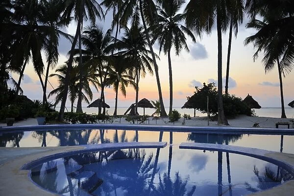 Reflection of palm trees in swimming pool at sunrise, Bwejuu Beach, Zanzibar, Tanzania, Indian Ocean, East Africa, Africa