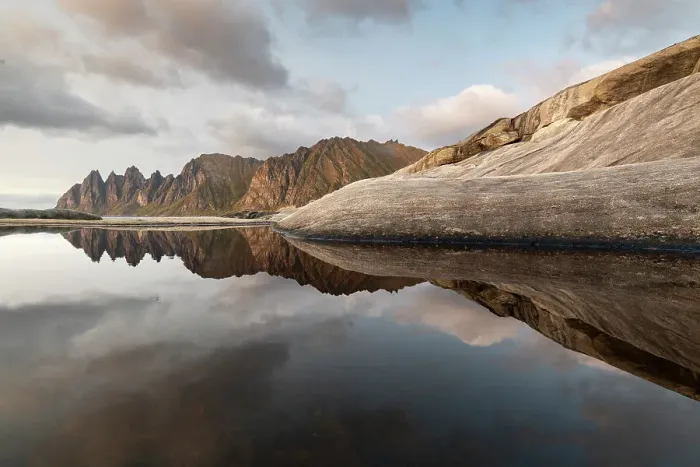 Framed Print : Reflections of clouds, rocks and Devil's Teeth Mountain in evening sunlight, Tungeneset, Senja, Norway, Scandinavia, Europe Framed Print : Reflections of clouds, rocks and Devil's Teeth Mountain in evening sunlight, Tungeneset, Senja, Norway, Scandinavia, Europe