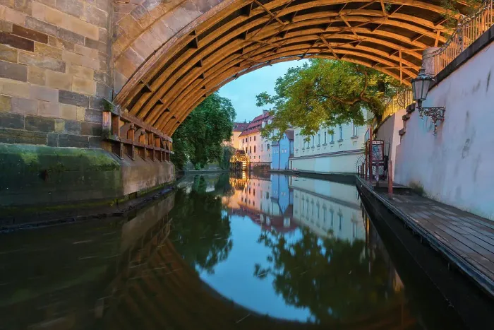 Framed Print : Reflections in Devil's Channel (Certovka) under Charles Bridge, Prague, Bohemia, Czech Republic (Czechia), Europe Framed Print : Reflections in Devil's Channel (Certovka) under Charles Bridge, Prague, Bohemia, Czech Republic (Czechia), Europe