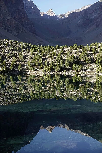 Reflections in a lake in the remote and spectacular Fann Mountains, part of the western Pamir-Alay, Tajikistan, Central Asia, Asia