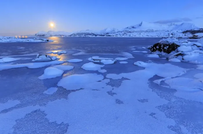 Framed Print : Reflections of full moon in the frozen sea, Lyngedal, Lofoten Islands, Arctic, Norway Framed Print : Reflections of full moon in the frozen sea, Lyngedal, Lofoten Islands, Arctic, Norway