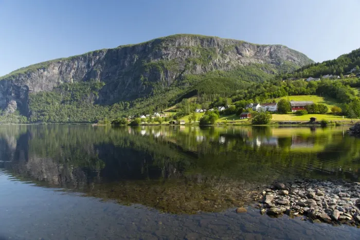 Framed Print : Reflections in still water at Lake Granvinvatnet, Hordaland, Vestlandet, Norway