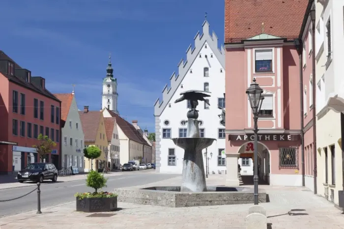 Framed Print : Reichsstattbrunnen fountain and Pilgrimage church Heilig Kreuz, Donauworth, Romantic Road, Bavarian Swabia, Bavaria, Germany, Europe Framed Print : Reichsstattbrunnen fountain and Pilgrimage church Heilig Kreuz, Donauworth, Romantic Road, Bavarian Swabia, Bavaria, Germany, Europe