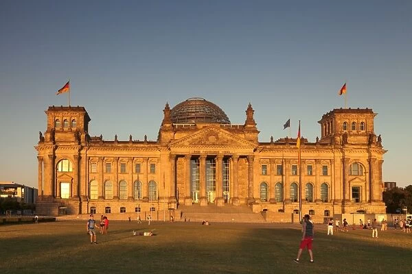Reichstag Parliament Building at sunset, The Dome by architect Norman Foster, Mitte