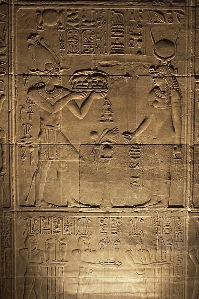 Relief carvings adorn the walls of the Temple of Philae, UNESCO World Heritage Site