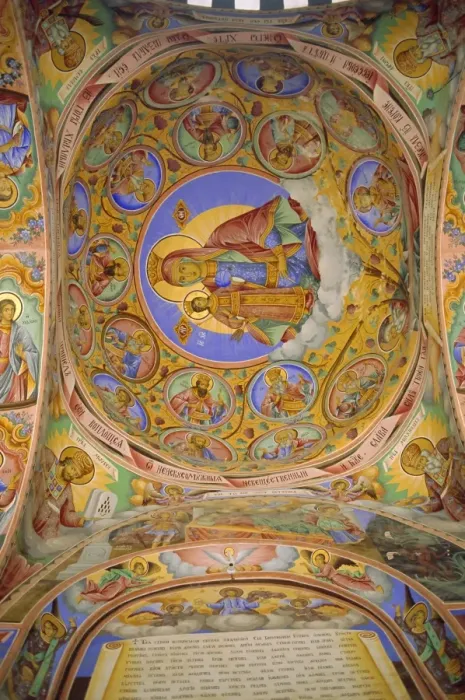 Framed Print : Religious frescoes painted on cloisters ceiling, Rila Monastery, Bulgaria Framed Print : Religious frescoes painted on cloisters ceiling, Rila Monastery, Bulgaria