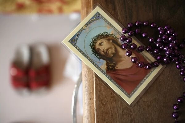 Religious paraphernalia in a bedroom, Chedde, Haute Savoie, France, Europe