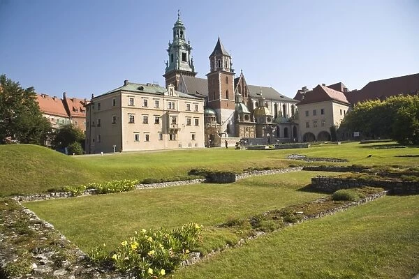 Remains of ancient ruins in front of Wawel Cathedral, Krakow, Poland, Europe