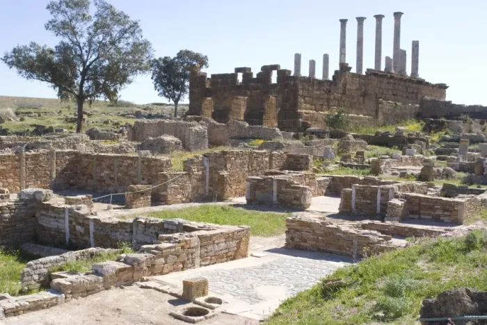 Framed Print : Remains of villas lying below the Capitolium, Roman ruins of Thuburbo Majus Framed Print : Remains of villas lying below the Capitolium, Roman ruins of Thuburbo Majus
