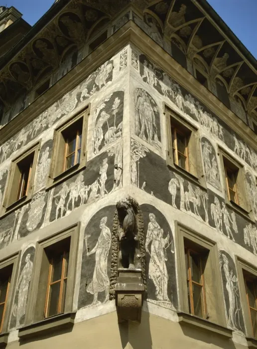 Framed Print : Renaissance scraffito decoration on the house called At the Minute, Prague Framed Print : Renaissance scraffito decoration on the house called At the Minute, Prague