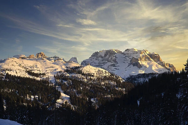 Rendena Valley, Brenta mountain range at sunset in winter, Trentino, Dolomites, Italy