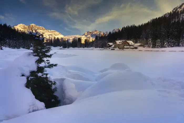 Framed Print : Rendena Valley, Lake Nambino and Brenta mountain range at sunset in winter, Trentino Framed Print : Rendena Valley, Lake Nambino and Brenta mountain range at sunset in winter, Trentino