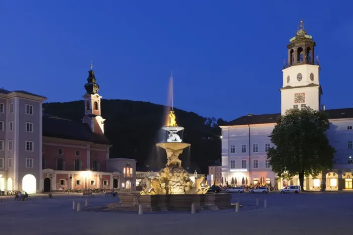 Framed Print : Residenzplatz Square, neue Residenz Palace, Residenz Fountain and Michaeliskirche Church at dusk, UNESCO World Heritage Site, Salzburg, Salzburger Land, Austria, Europe Framed Print : Residenzplatz Square, neue Residenz Palace, Residenz Fountain and Michaeliskirche Church at dusk, UNESCO World Heritage Site, Salzburg, Salzburger Land, Austria, Europe
