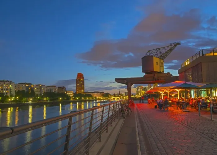 Framed Print : Restaurant beneath old dockyard crane by River Main, Frankfurt-am-Main, Hesse, Germany Framed Print : Restaurant beneath old dockyard crane by River Main, Frankfurt-am-Main, Hesse, Germany