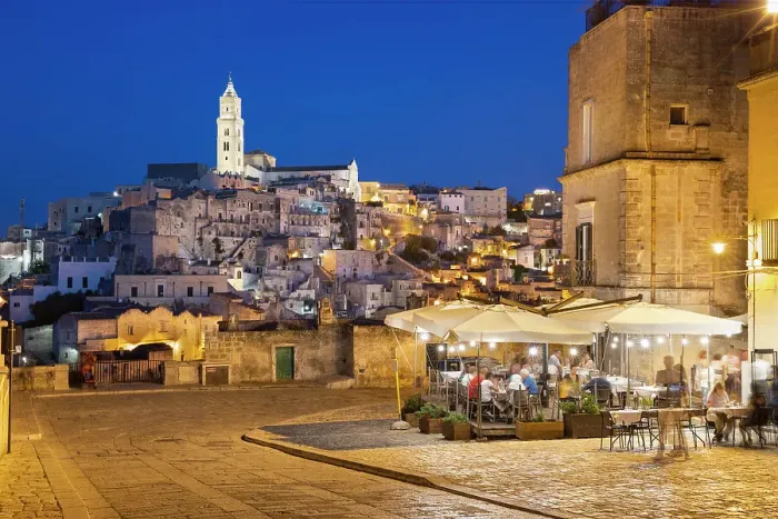 Framed Print : Restaurant at night with the Sassi di Matera old town floodlit, UNESCO World Heritage Site, Via D'Addozio, Matera, Basilicata, Italy, Europe