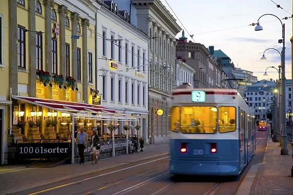 Restaurant and tram on Sodra Hamng, Gothenburg, Sweden, Scandinavia, Europe