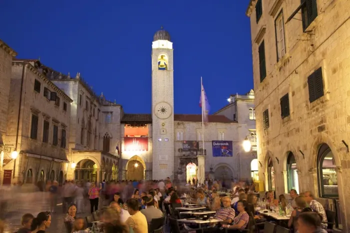 Framed Print : Restaurants, Clock Tower and Stradun, Dubrovnik, Croatia, Europe Framed Print : Restaurants, Clock Tower and Stradun, Dubrovnik, Croatia, Europe