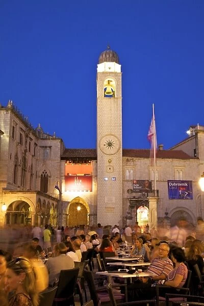 Restaurants, Clock Tower and Stradun, Dubrovnik, Croatia, Europe