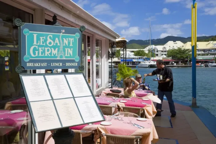 Framed Print : Restaurants in the French town of Marigot, St. Martin, Leeward Islands Framed Print : Restaurants in the French town of Marigot, St. Martin, Leeward Islands
