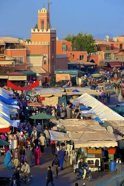 Restaurants, terraces, Kharbouch mosque and minaret, Jemaa-el-Fna Square, Marrakech, Morocco, North Africa, Africa