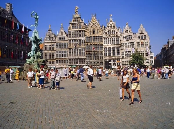 Restored Guildhouses, and the Brabo Fountain, Grote Markt, Antwerp, Belgium