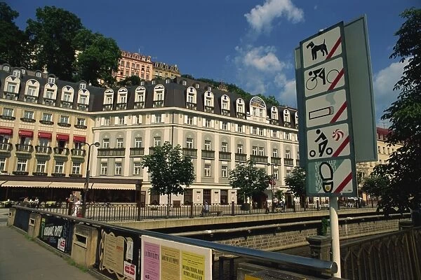 Restriction signs on the banks of the Tepla River in Karlovy Vary in West Bohemia