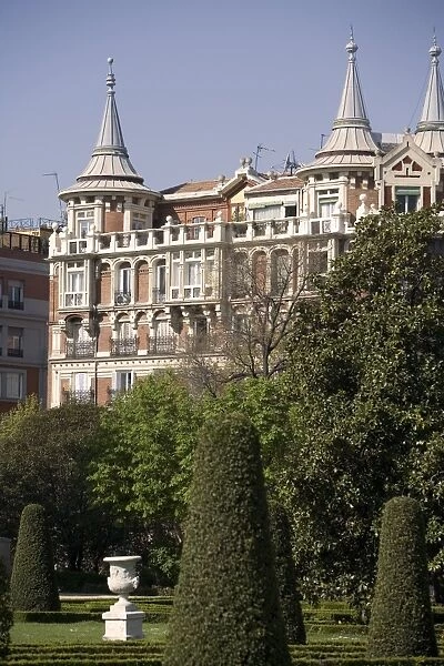Retiro Park and building outside the park, Madrid, Spain, Europe