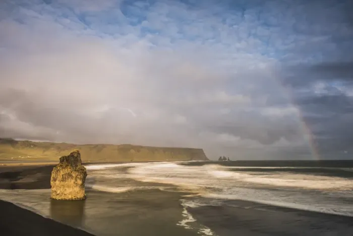 Framed Print : Reynisdrangar Basalt Sea Stacks and rainbow seen from Dyrholaey Peninsula at sunset Framed Print : Reynisdrangar Basalt Sea Stacks and rainbow seen from Dyrholaey Peninsula at sunset