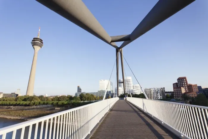 Framed Print : Rheinturm tower and Frank Gehry buildings at Media Harbour (Medienhafen), Dusseldorf, North Rhine Westphalia, Germany, Europe
