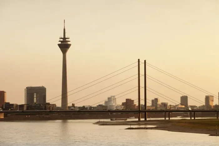 Framed Print : Rheinturm tower, Rheinkniebruecke bridge and Media Harbour (Medienhafen), Dusseldorf, North Rhine Westphalia, Germany, Europe Framed Print : Rheinturm tower, Rheinkniebruecke bridge and Media Harbour (Medienhafen), Dusseldorf, North Rhine Westphalia, Germany, Europe