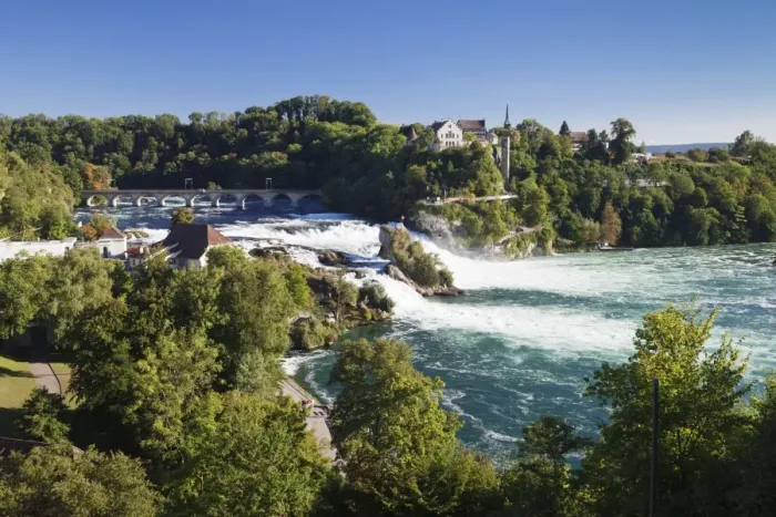 Framed Print : Rhine Falls (Rheinfall) waterfalls with Schloss Laufen castle, Neuhausen near Schaffhausen, Canton Schaffhausen, Switzerland, Europe Framed Print : Rhine Falls (Rheinfall) waterfalls with Schloss Laufen castle, Neuhausen near Schaffhausen, Canton Schaffhausen, Switzerland, Europe