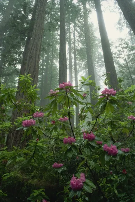 Framed Print : Rhododendrons amongst the mist and tall Redwood trees, California, United States of America Framed Print : Rhododendrons amongst the mist and tall Redwood trees, California, United States of America