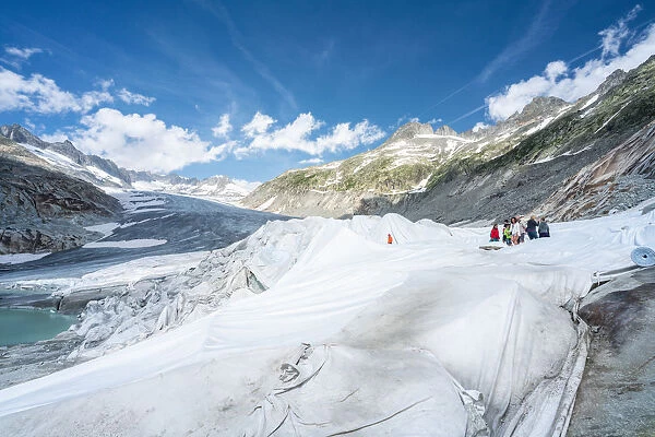 Rhone Glacier covered with white blankets to prevent extreme melting due to climate