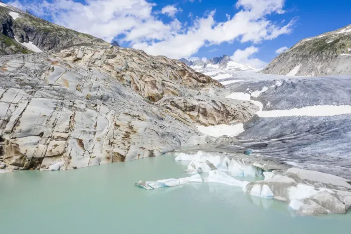 Framed Print : Rhone Glacier and glacial lake at its base in summer, aerial view, Gletsch, Canton Framed Print : Rhone Glacier and glacial lake at its base in summer, aerial view, Gletsch, Canton