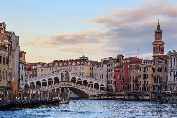 Rialto Bridge on Grand Canal at sunset in winter, Venice, UNESCO World Heritage Site