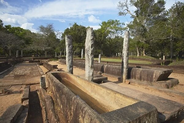 Rice trough inside remains of monastic refectory, Northern Ruins, Anuradhapura, UNESCO World Heritage Site, North Central Province, Sri Lanka, Asia