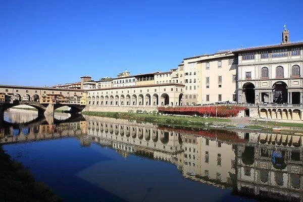 On the right The Uffizi Gallery reflected in the Arno River, Florence, UNESCO World Heritage Site, Tuscany, Italy, Europe