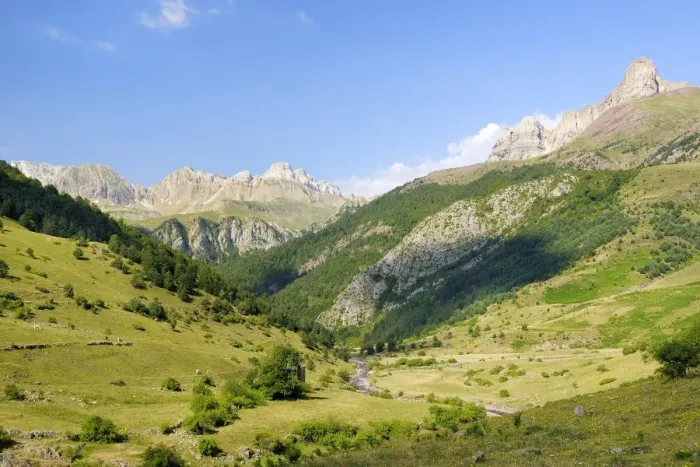Framed Print : Rio Aragon Subordan and upper Hecho valley overlooked by karst limestone peaks and woods, Huesca, Aragon, Spain, Europe Framed Print : Rio Aragon Subordan and upper Hecho valley overlooked by karst limestone peaks and woods, Huesca, Aragon, Spain, Europe
