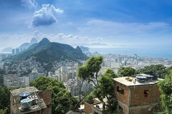 Rio de Janeiro from Cabritos favela in Copacabana, Moro Sao Joao and Sugar Loaf in the foreground