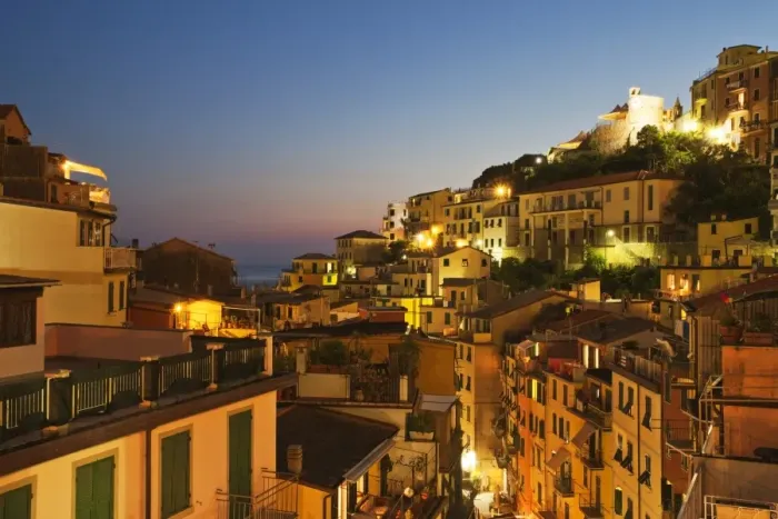Framed Print : Riomaggiore rooftops and the Castle at dusk, Cinque Terre, UNESCO World Heritage Site, Liguria, Italy, Mediterranean, Europe Framed Print : Riomaggiore rooftops and the Castle at dusk, Cinque Terre, UNESCO World Heritage Site, Liguria, Italy, Mediterranean, Europe