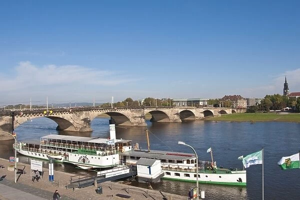 River boat on the Elbe River at the Augustus Bridge (Augustusbrucke), Dresden, Saxony, Germany, Europe