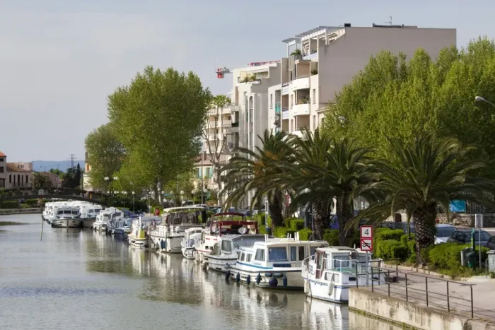 Framed Print : River boats on the Canal de la Robine, Narbonne, Languedoc-Roussillon, France, Europe Framed Print : River boats on the Canal de la Robine, Narbonne, Languedoc-Roussillon, France, Europe