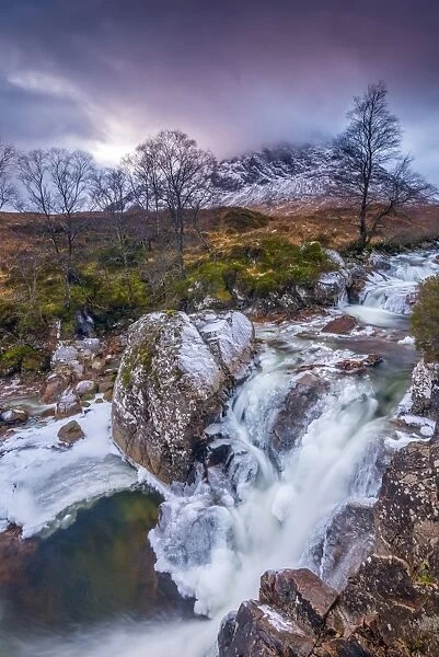 River Coupall, Coupall Falls and Buachaille Etive Mor, Glen Coe, Highlands, Scotland