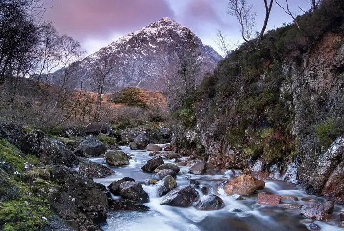 Framed Print : River Coupall and Stob Dearg (Buachaille Etive Mor) in winter, Glen Etive, Rannoch Moor, Argyll and Bute, Scottish Highlands, Scotland, United Kingdom, Europe