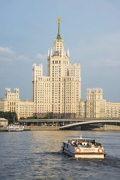 River cruise along the Moskva River (Moscow River) in front of one of the Stalin towers, Moscow, Russia, Europe