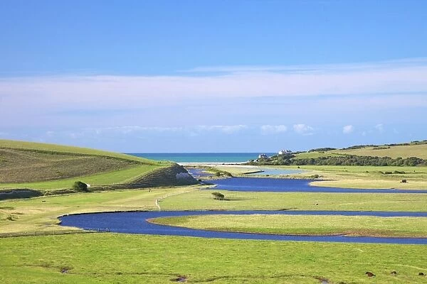 River Cuckmere meets the English Channel at Cuckmere Haven, East Sussex, South Downs National Park, England, United Kingdom, Europe